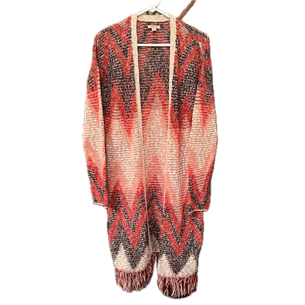Lucky Brand Chevron Fringe Duster Cardigan sweater medium southwestern print - Picture 5 of 14